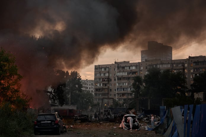 Garage cooperative burning after Russian missile strike on Kyiv residential district July 6 2026