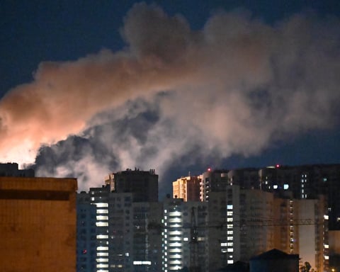 Rescue workers at collapsed building in Kyiv after Russian missile and drone strike on July 2, 2026