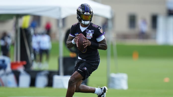 Lamar Jackson on the practice field at Baltimore Ravens 2026 training camp in Owings Mills Maryland
