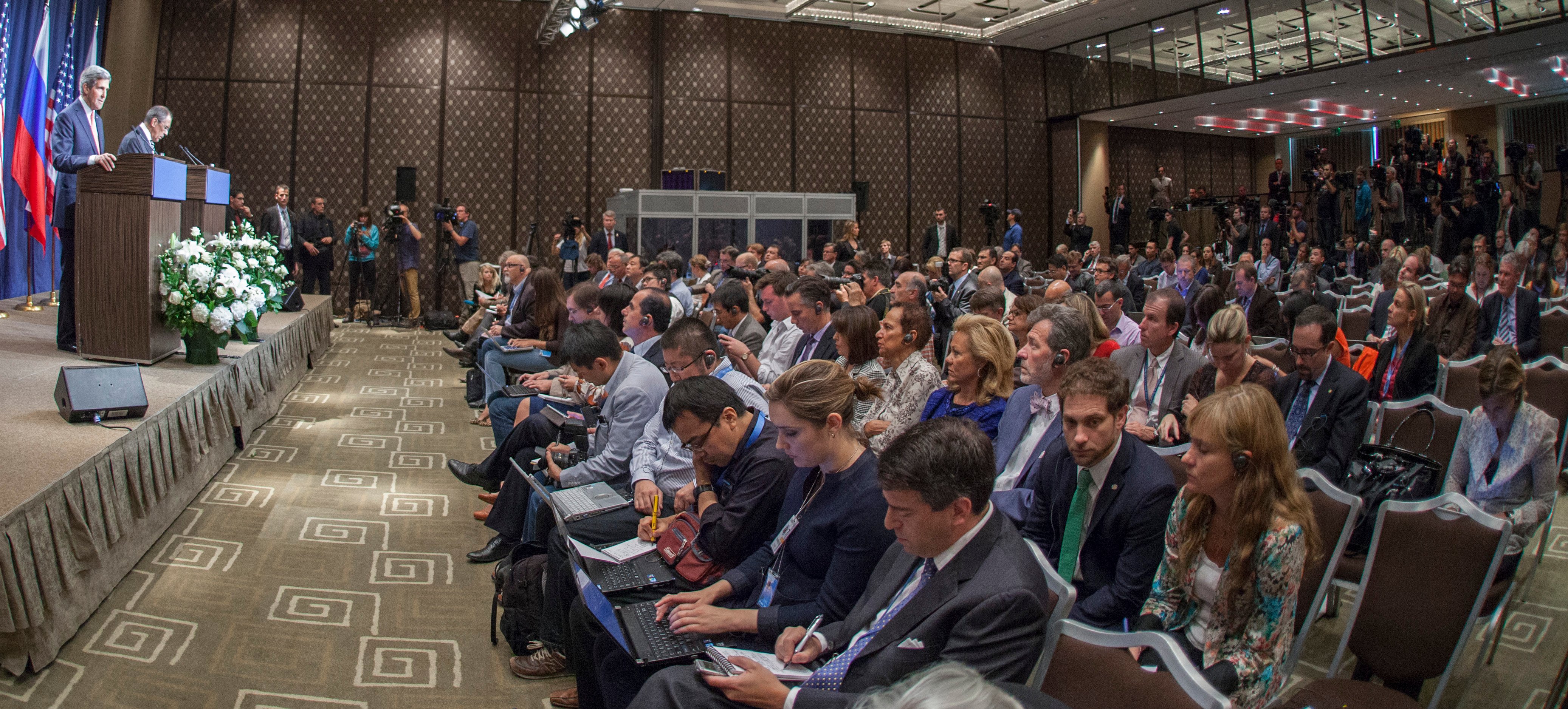 Russian Foreign Minister Sergey Lavrov speaking at a press conference