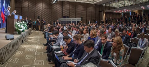 Russian Foreign Minister Sergey Lavrov speaking at a press conference