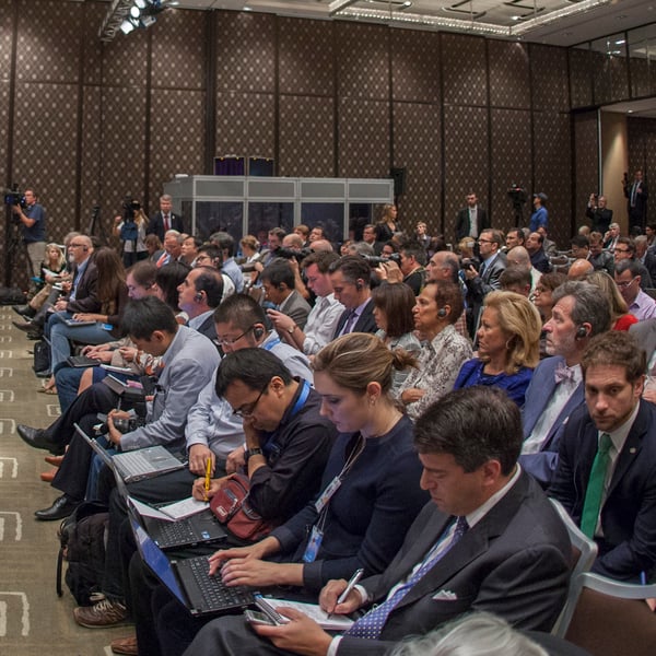 Russian Foreign Minister Sergey Lavrov speaking at a press conference