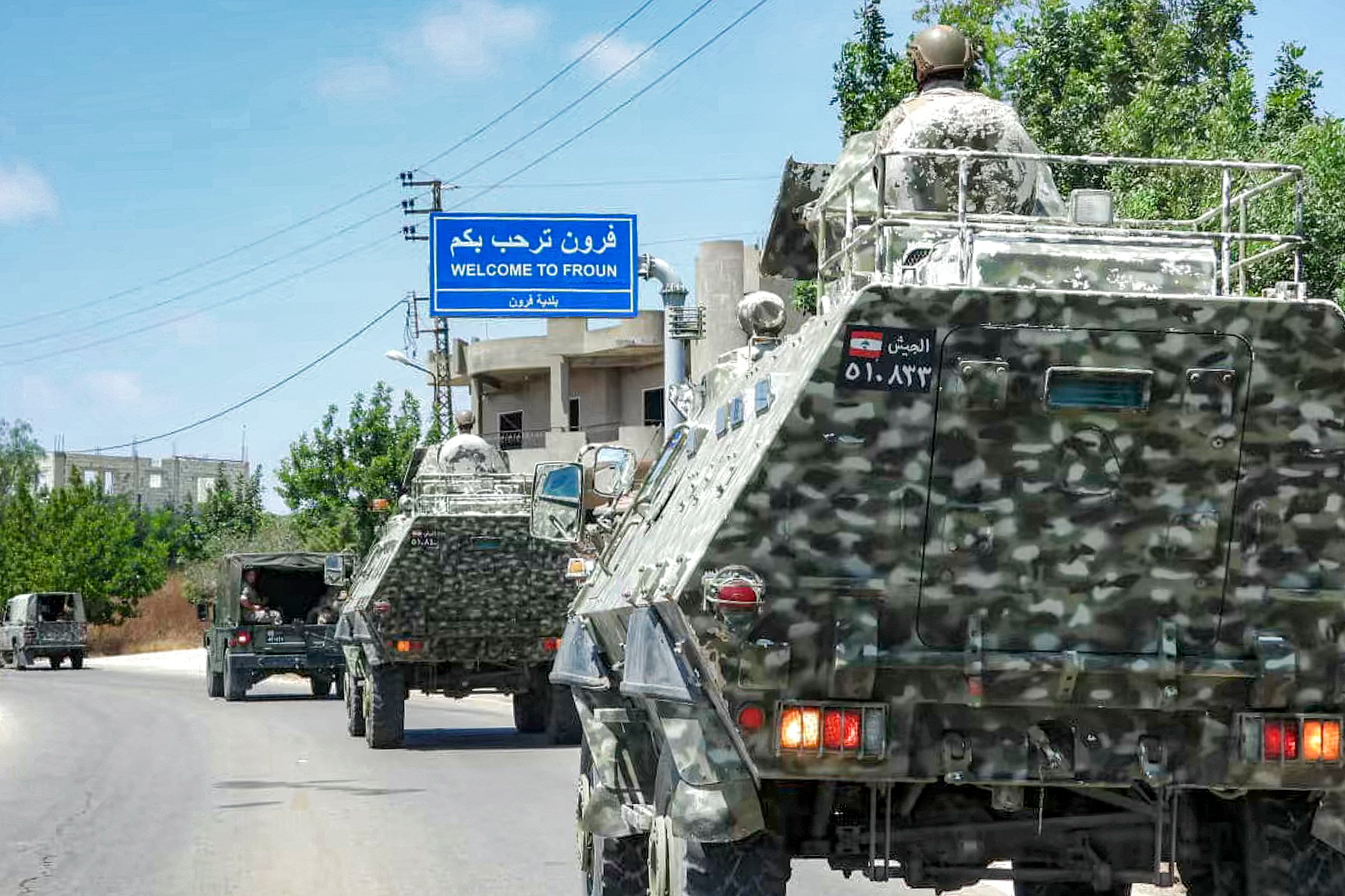 Lebanese army vehicles patrol Froun village in Bint Jbeil district, southern Lebanon
