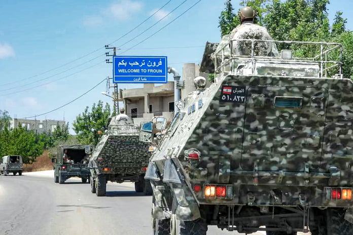 Lebanese army vehicles patrol Froun village in Bint Jbeil district, southern Lebanon