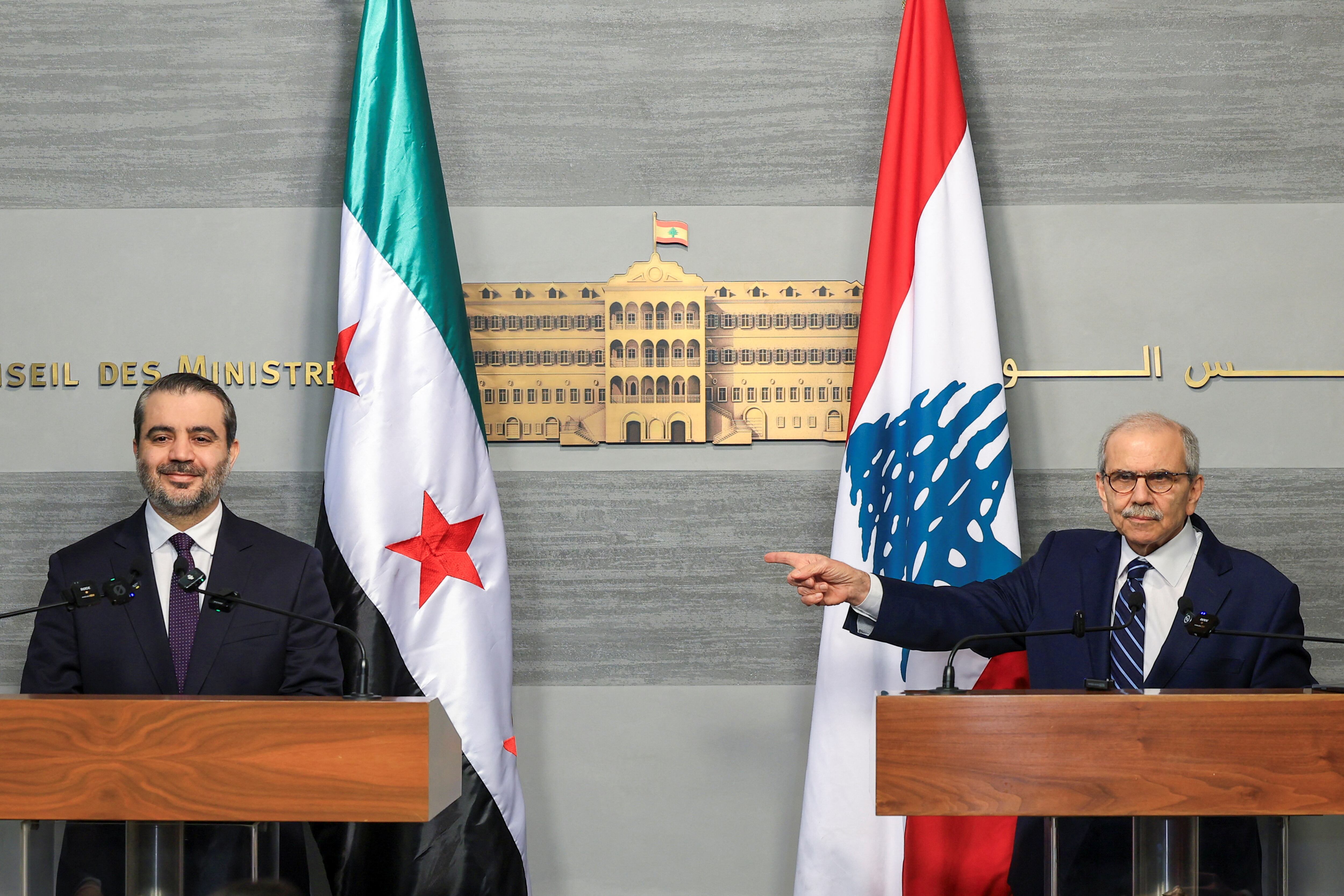 Lebanese and Syrian officials hold a joint press conference at Beirut's Council of Ministers as Lebanon's new government builds ties with post-Assad Syria