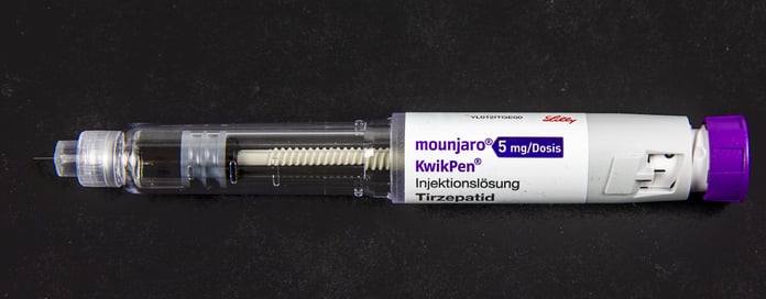 Eli Lilly Mounjaro tirzepatide KwikPen injection device, the same drug sold as Zepbound for obesity treatment