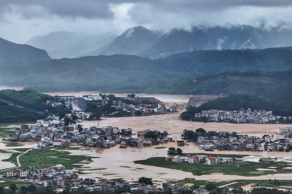 Floodwaters inundate communities in Hengzhou, Guangxi following the Liulan Reservoir dam collapse triggered by Typhoon Maysak in July 2026.