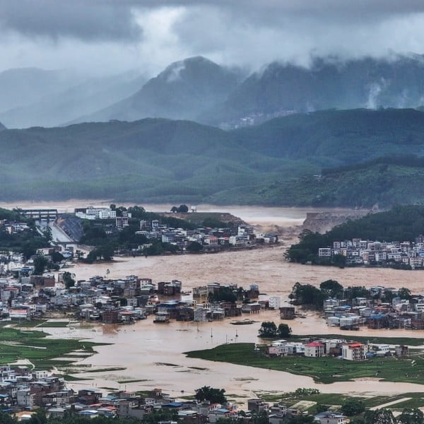 Floodwaters inundate communities in Hengzhou, Guangxi following the Liulan Reservoir dam collapse triggered by Typhoon Maysak in July 2026.