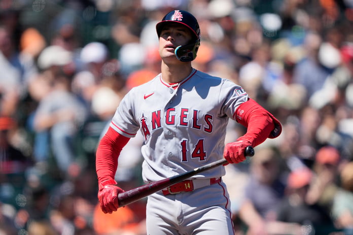 Logan O'Hoppe of the Los Angeles Angels reacts after striking out against the San Francisco Giants at Oracle Park on July 26 2026