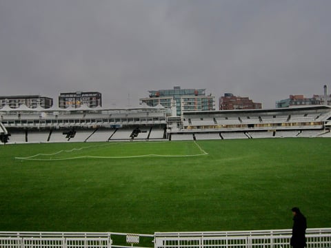 Lord's Cricket Ground in London with the iconic media centre and pavilion stands visible