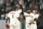Luis Arraez celebrates with San Francisco Giants teammates at Oracle Park during the 2026 season