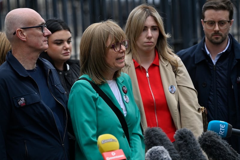 Lyra McKee's sister Nichola Corner speaking to media outside Belfast Crown Court after July 3 2026 acquittal verdict