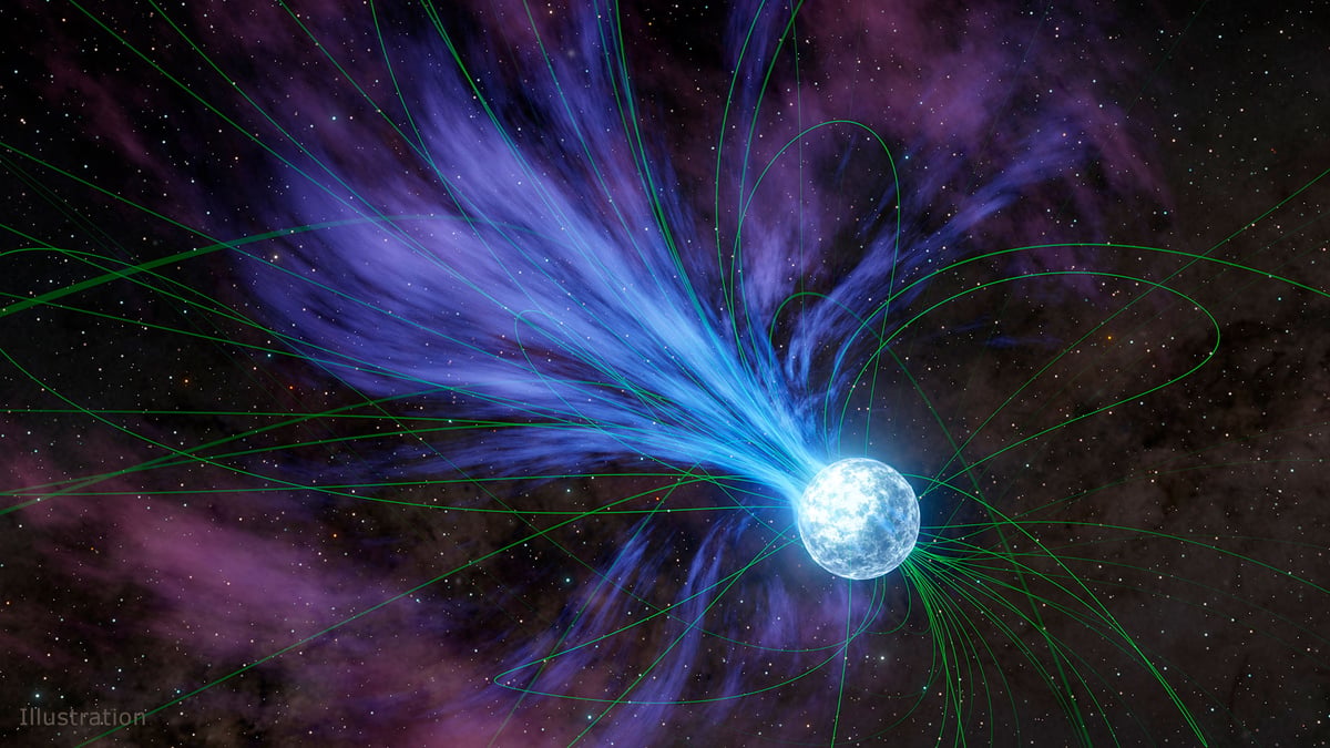 Artist's illustration of a magnetar — a highly magnetized neutron star — of the type observed forming inside supernova SN 2024afav