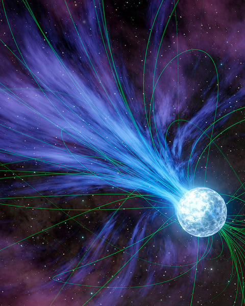 Artist's illustration of a magnetar — a highly magnetized neutron star — of the type observed forming inside supernova SN 2024afav