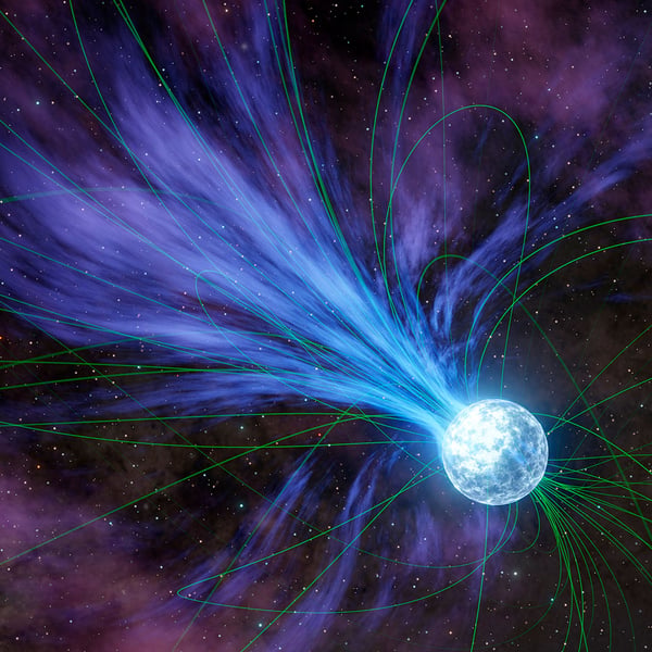 Artist's illustration of a magnetar — a highly magnetized neutron star — of the type observed forming inside supernova SN 2024afav