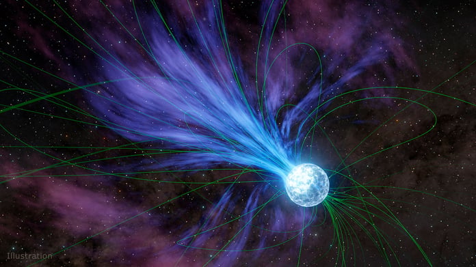 Artist's illustration of a magnetar — a highly magnetized neutron star — of the type observed forming inside supernova SN 2024afav