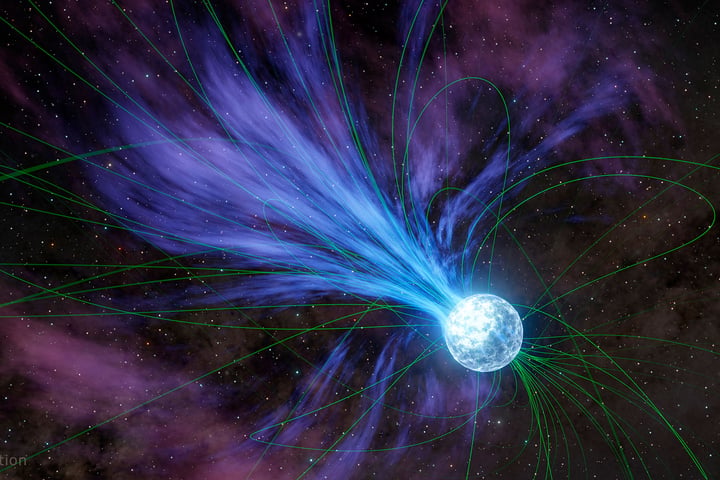Artist's illustration of a magnetar — a highly magnetized neutron star — of the type observed forming inside supernova SN 2024afav