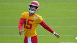 Patrick Mahomes in practice drills at Kansas City Chiefs training camp at Missouri Western State University in St. Joseph on July 30, 2026