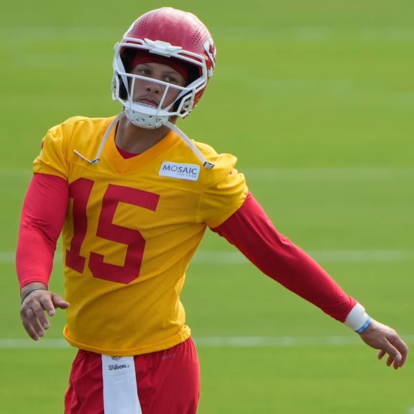 Patrick Mahomes in practice drills at Kansas City Chiefs training camp at Missouri Western State University in St. Joseph on July 30, 2026
