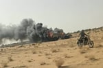 Burning vehicle from Mali military convoy attack near Tabankort by JNIM and Tuareg separatists that killed 50 soldiers