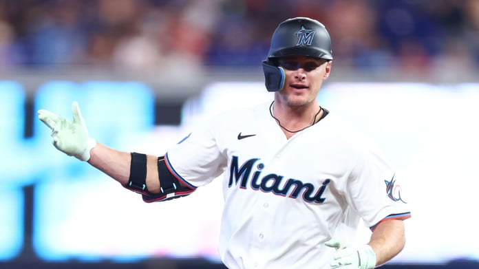 Griffin Conine of the Miami Marlins celebrates a home run against the Philadelphia Phillies in July 2026