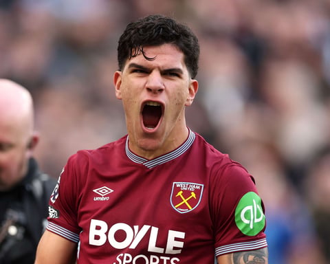 Mateus Fernandes celebrates during his time at West Ham United before his club-record £85m move to Tottenham Hotspur