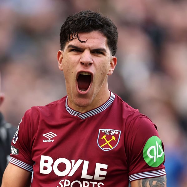 Mateus Fernandes celebrates during his time at West Ham United before his club-record £85m move to Tottenham Hotspur