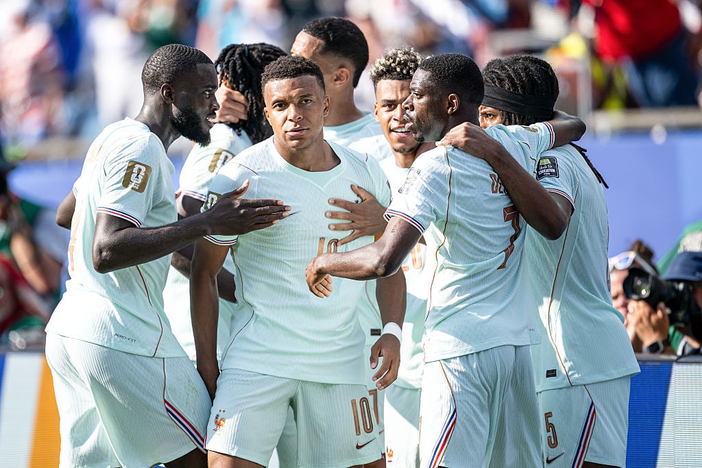 Kylian Mbappe celebrates scoring France's first goal against Morocco in the World Cup 2026 quarterfinal