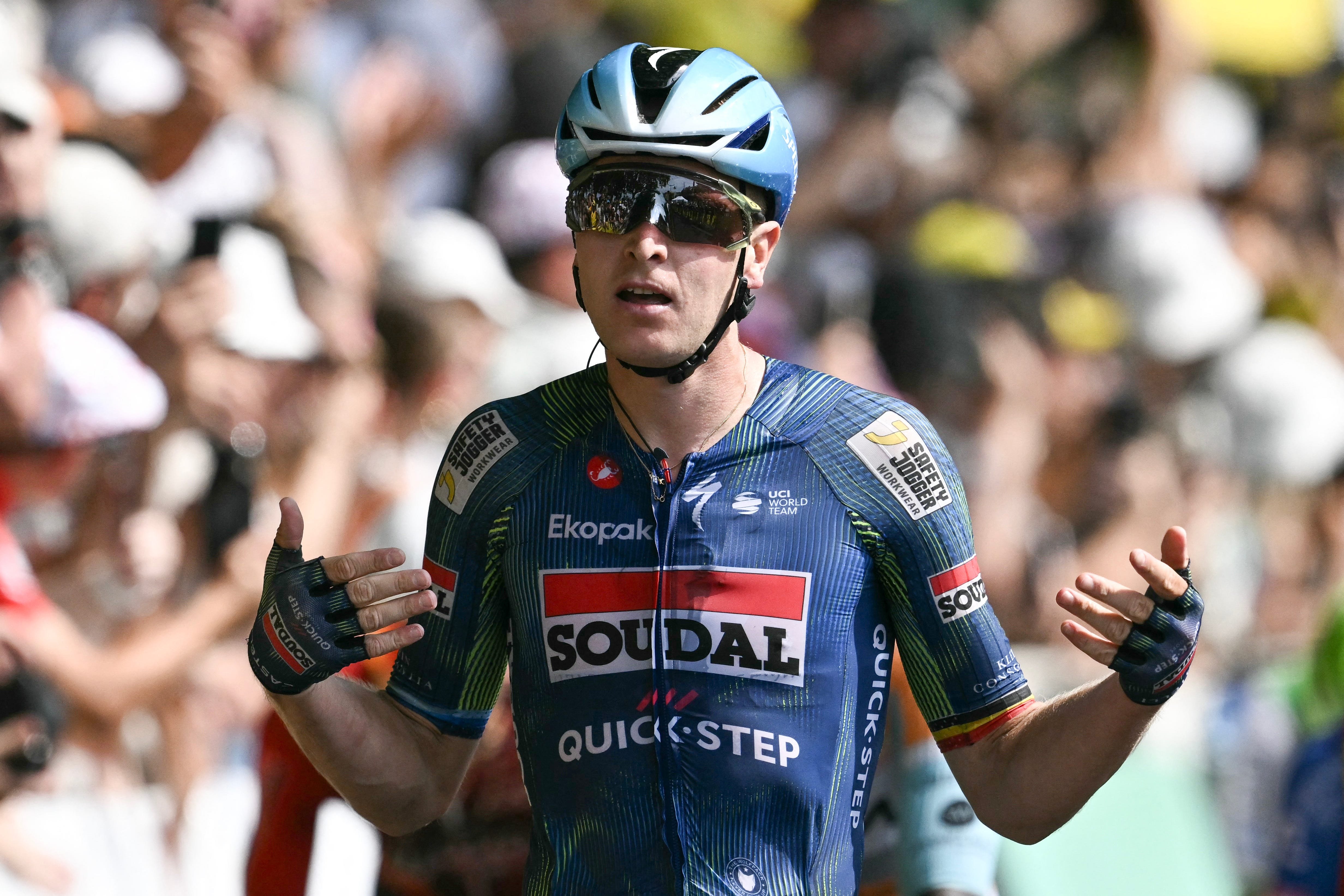 Tim Merlier of Soudal Quick-Step sprints to victory at the Tour de France Stage 7 finish in Bordeaux