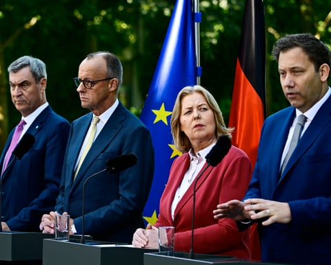 German Chancellor Friedrich Merz and coalition partners announce the Programme for Revival and Employment at the Berlin Chancellery garden press conference July 2026