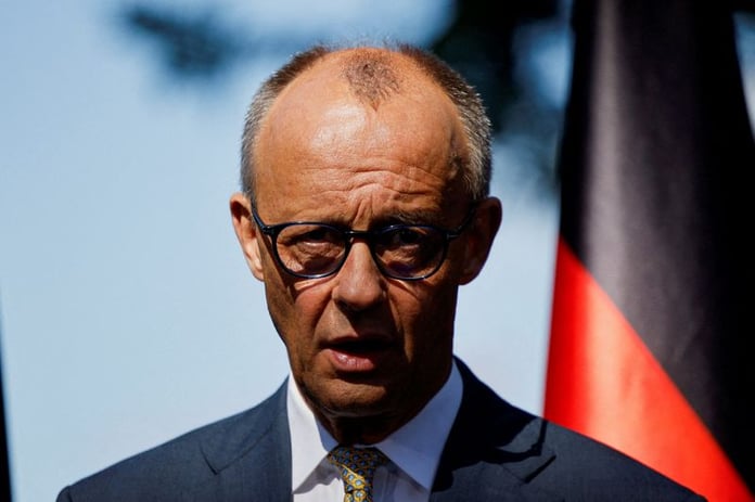 German Chancellor Friedrich Merz speaks at a press conference about NATO defence spending commitments