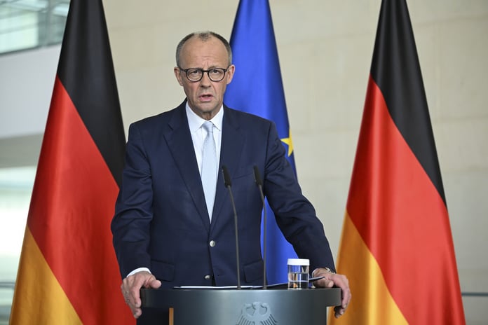 German Chancellor Friedrich Merz speaks at a press conference