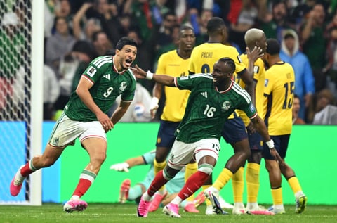 Mexico players celebrate their 2-0 Round of 32 victory over Ecuador at Azteca Stadium at the 2026 FIFA World Cup