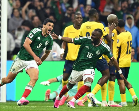 Mexico players celebrate their 2-0 Round of 32 victory over Ecuador at Azteca Stadium at the 2026 FIFA World Cup