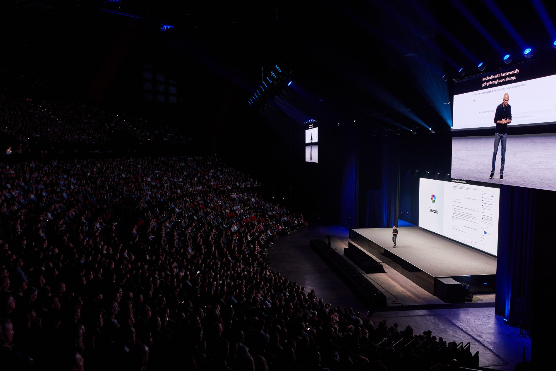 Microsoft CEO Satya Nadella addresses an audience at a Microsoft AI event