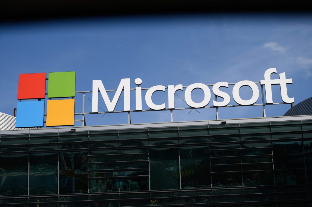 Microsoft logo at a corporate office building representing the launch of Microsoft Frontier Company in 2026