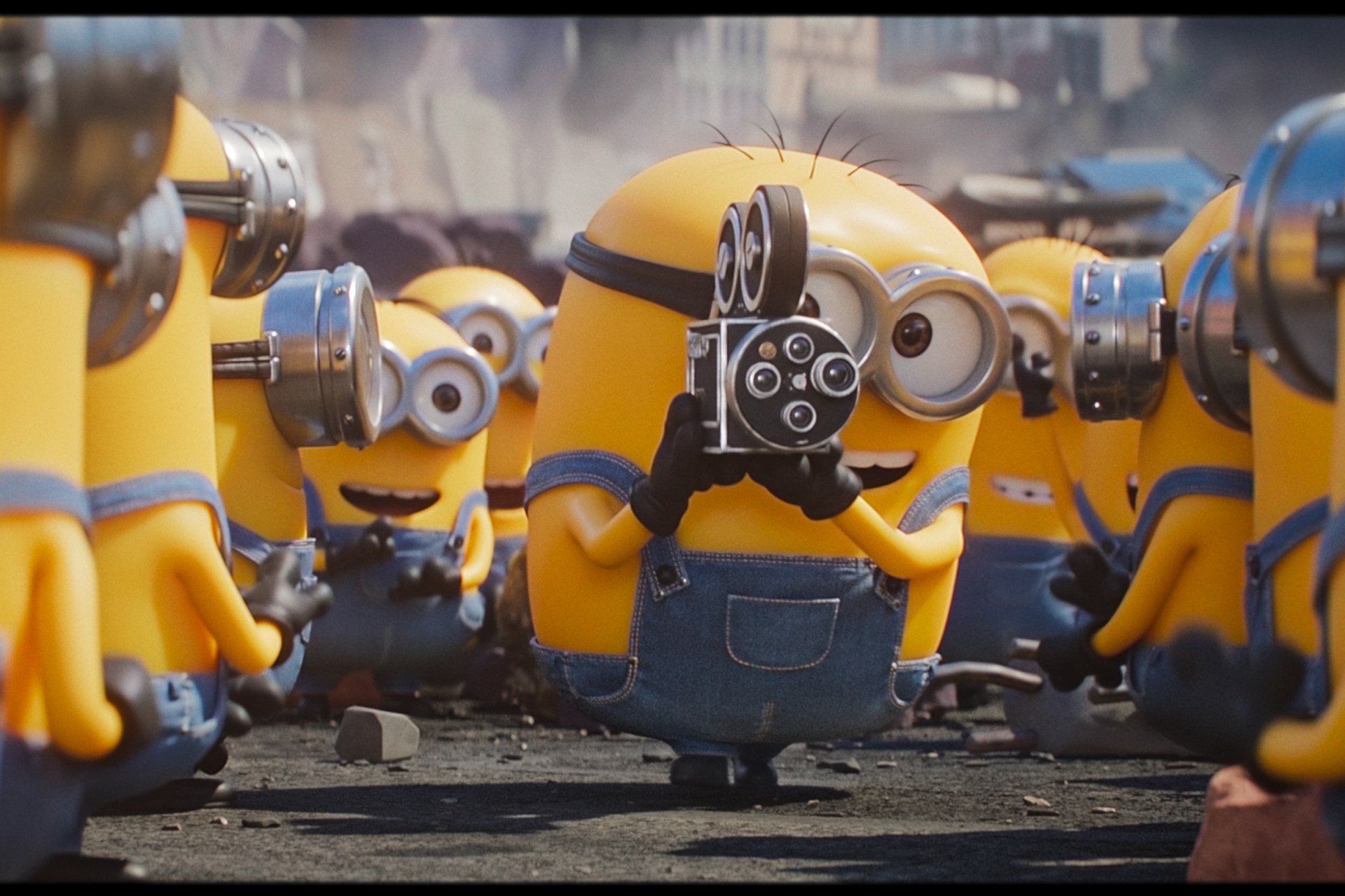 A scene from Illumination's Minions & Monsters featuring the animated cast