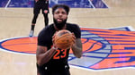 Mitchell Robinson shoots a free throw for the New York Knicks during the 2026 Eastern Conference Finals