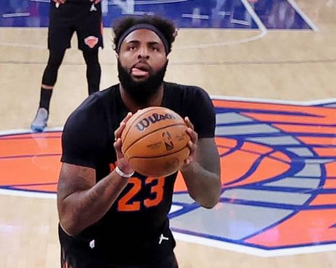 Mitchell Robinson shoots a free throw for the New York Knicks during the 2026 Eastern Conference Finals