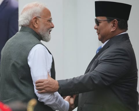 Indian PM Narendra Modi and Indonesian President Prabowo Subianto at the BrahMos missile deal signing ceremony in Jakarta