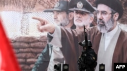 Billboard of Iran's new Supreme Leader Mojtaba Khamenei with military commanders in Tehran