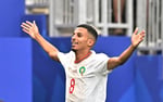 Azzedine Ounahi celebrating his first goal against Canada in the FIFA World Cup 2026 Round of 16 at NRG Stadium Houston