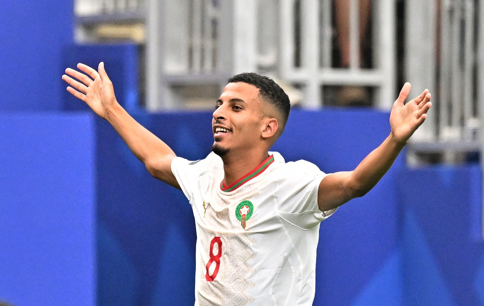 Azzedine Ounahi celebrating his first goal against Canada in the FIFA World Cup 2026 Round of 16 at NRG Stadium Houston