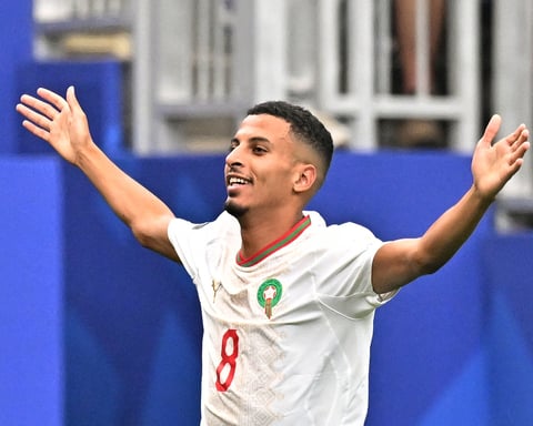 Azzedine Ounahi celebrating his first goal against Canada in the FIFA World Cup 2026 Round of 16 at NRG Stadium Houston