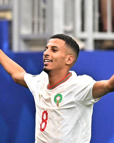 Azzedine Ounahi celebrating his first goal against Canada in the FIFA World Cup 2026 Round of 16 at NRG Stadium Houston