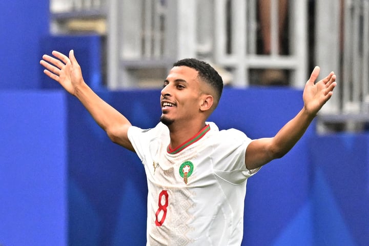 Azzedine Ounahi celebrating his first goal against Canada in the FIFA World Cup 2026 Round of 16 at NRG Stadium Houston