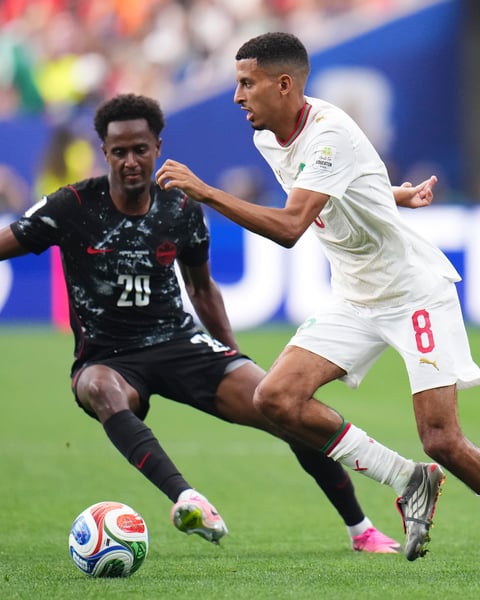 Azzedine Ounahi of Morocco drives the ball during the FIFA World Cup 2026 Round of 16 match against Canada at Houston Stadium on July 4, 2026