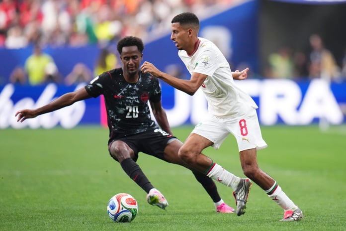 Azzedine Ounahi of Morocco drives the ball during the FIFA World Cup 2026 Round of 16 match against Canada at Houston Stadium on July 4, 2026