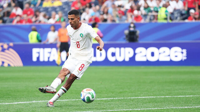 Azzedine Ounahi of Morocco celebrates scoring during the FIFA World Cup 2026 Round of 16 match against Canada at Houston Stadium