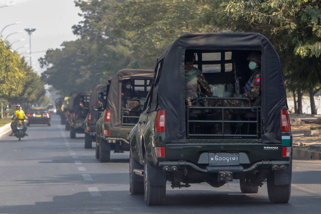 Myanmar military convoy patrolling the streets of Mandalay, site of PDF resistance strikes in July 2026